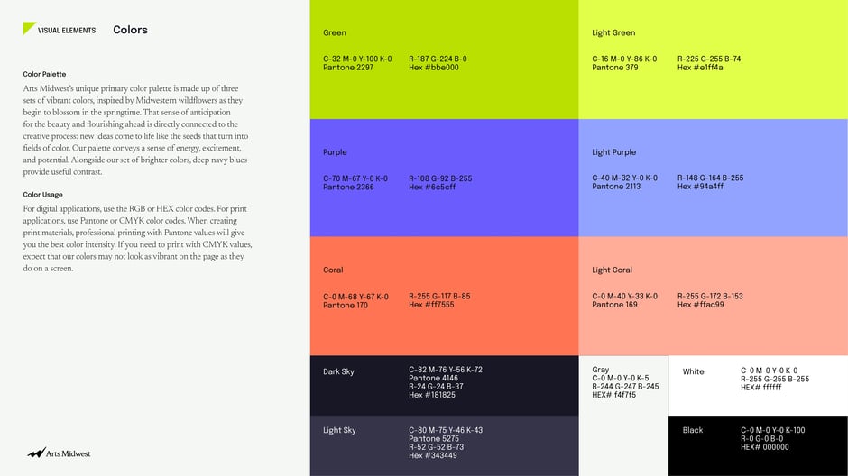 Provides the full color palette with Pantone, CMYK, RGB