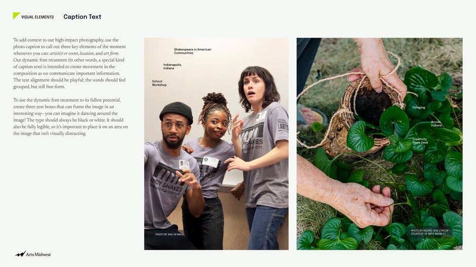 Use caption text to name artist/event/location/art form with a dynamic