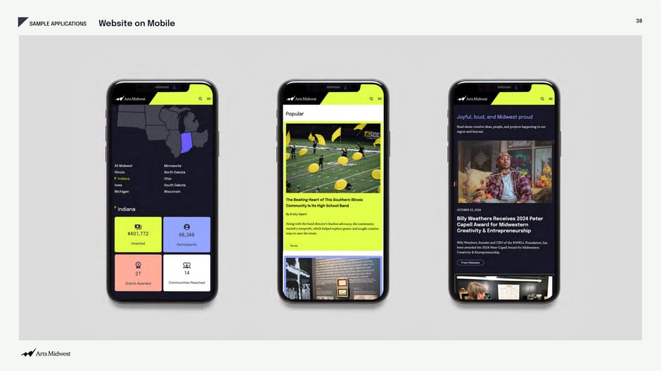Three mobile screens showing regional navigation, a bright article list