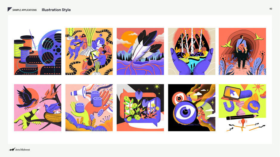 A curated grid of, textured illustrations that define the brand's