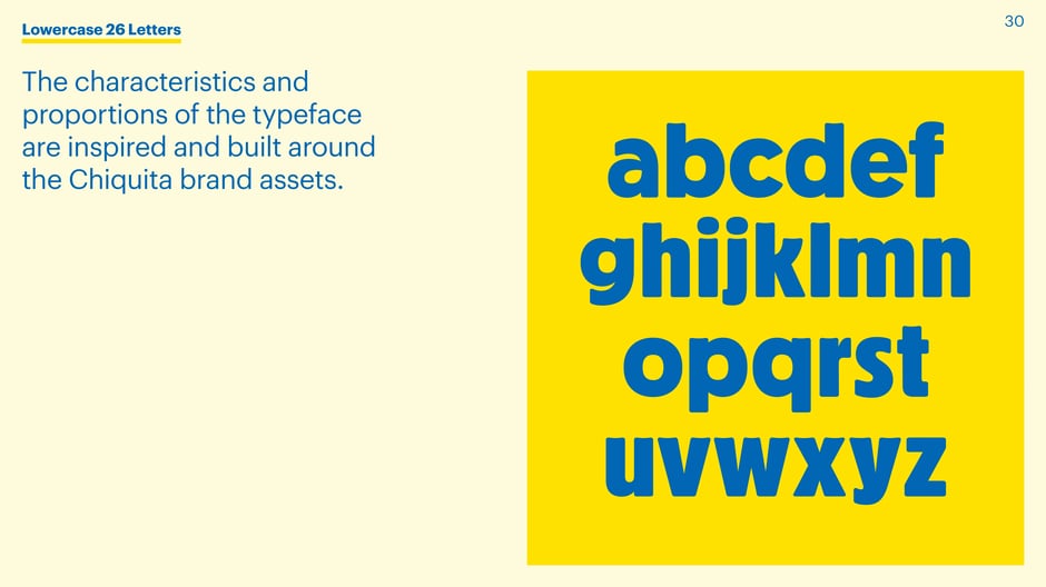 Explains the typeface's lowercase proportions are inspired by Chiquita brand