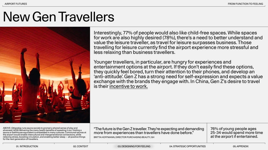 Profiles younger travellers who prioritise experiences and self‑expression: leisure travellers