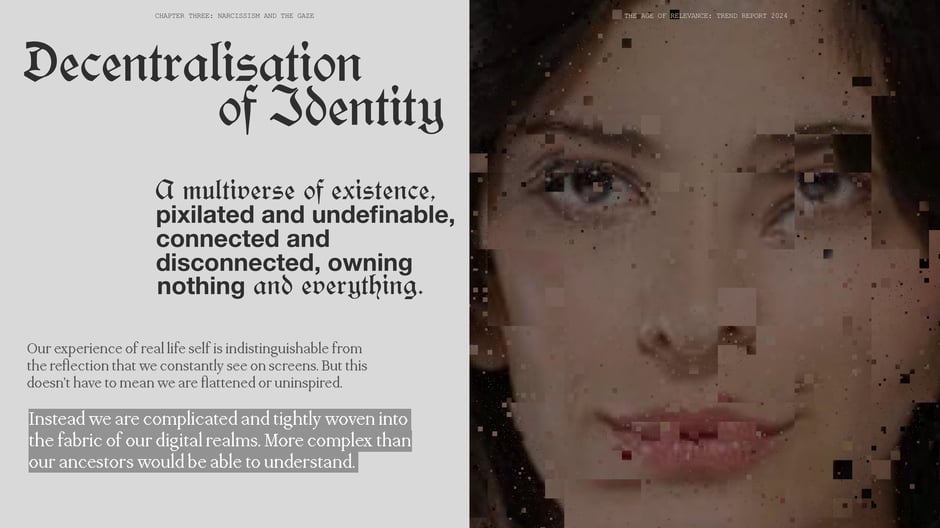 Describes identity as a pixelated multiverse where real-life self