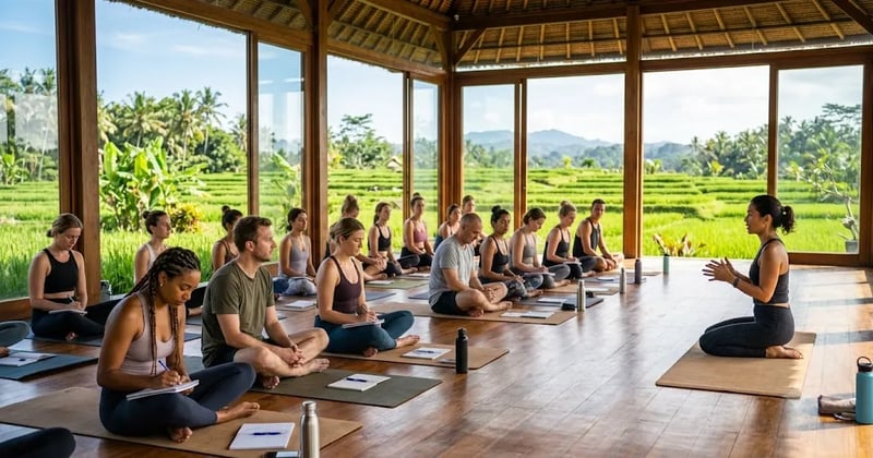 Trainees with notebooks in a rice-field yoga studio during a teacher training