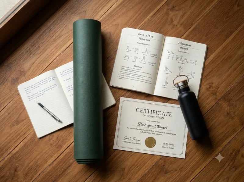 Yoga training manual, certificate and mat laid out on a wooden floor