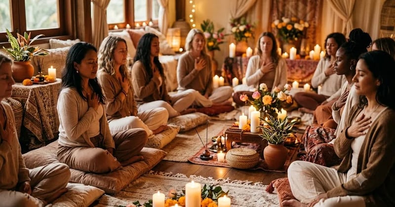 Women seated in a circle with hands on hearts in a warm candle-lit room