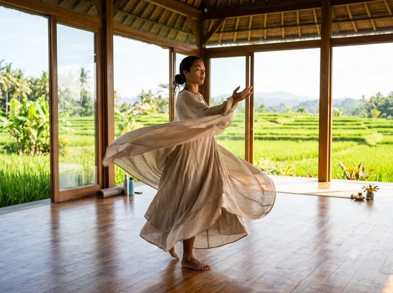 Woman in flowing linen moving through an intuitive dance in daylight