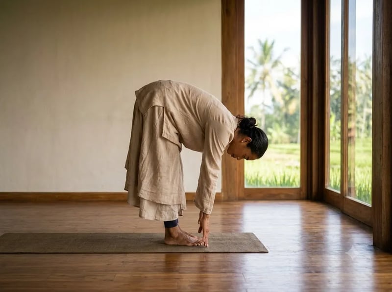 Practitioner in a relaxed standing forward fold by a window