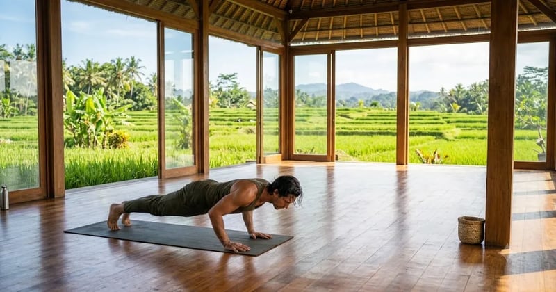 Practitioner flowing through chaturanga in a sunlit open studio