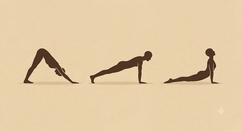 Three silhouettes showing a flow from downward dog to upward dog