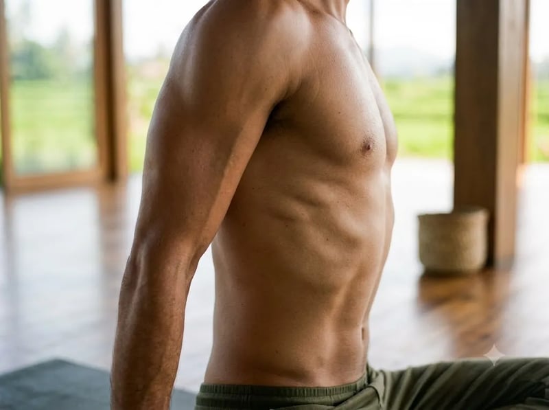 Close-up of a practitioner's ribs expanding on an inhale