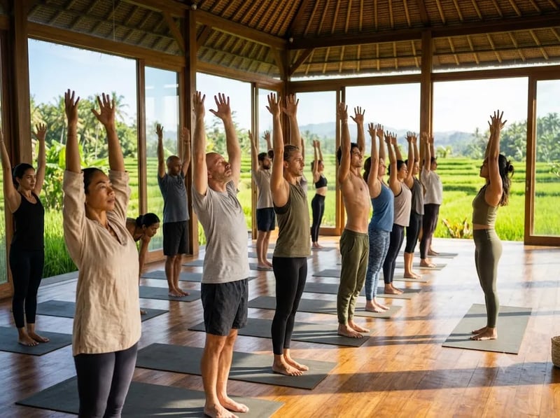 Group raising arms overhead together in a bright vinyasa class