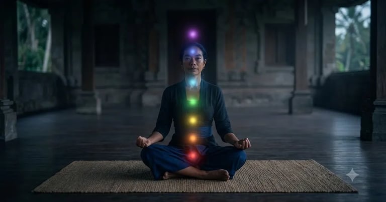 Seated figure with seven glowing coloured points aligned along the body