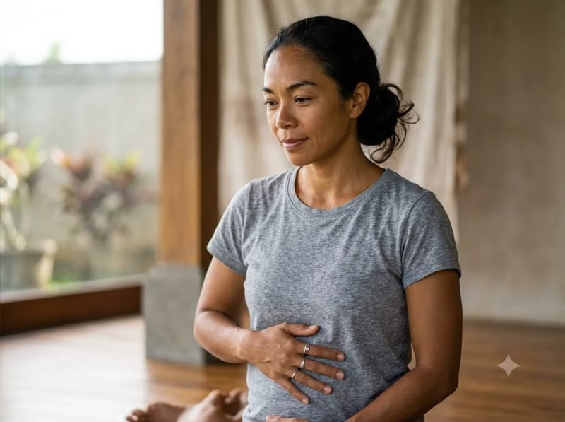 Person resting a hand on the lower belly, looking reflective