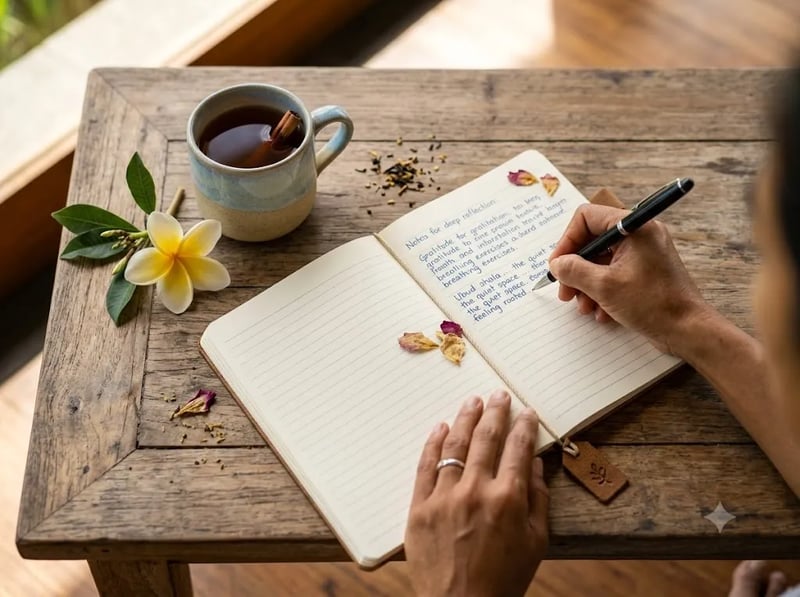 Hands journalling beside tea and a flower
