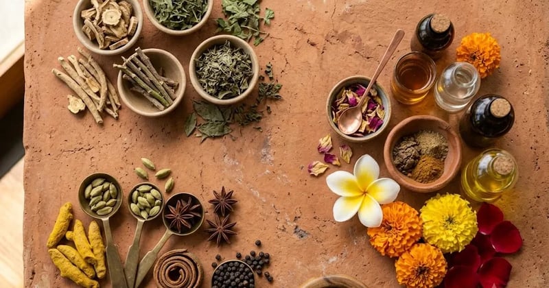 Ayurvedic herbs, spices and oils grouped on a clay surface