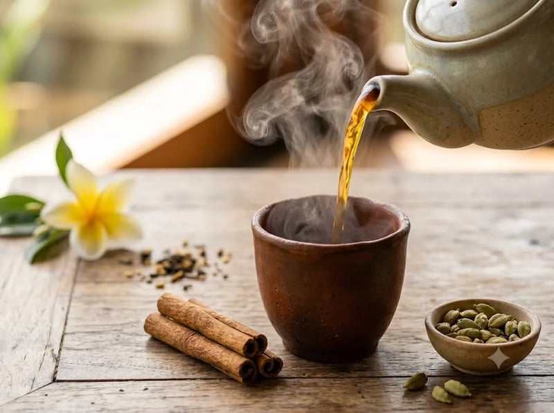 Spiced tea poured into a clay cup with cardamom and cinnamon