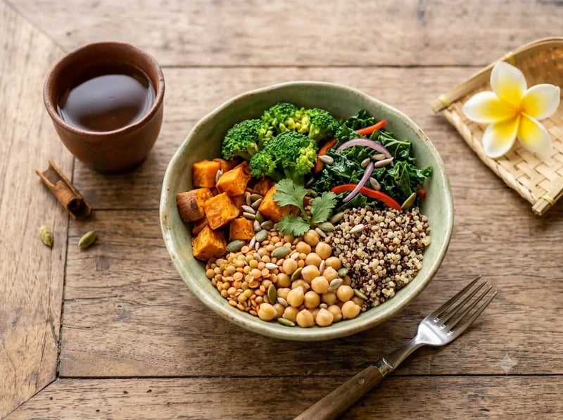 Bowl of colourful vegetables, grains and legumes on wood