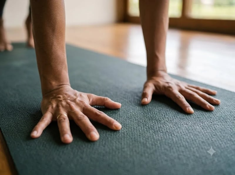 Hands spread and pressing evenly into a yoga mat