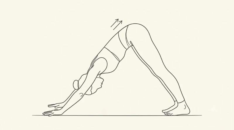 Line illustration of downward dog with arrows showing hips lifting back