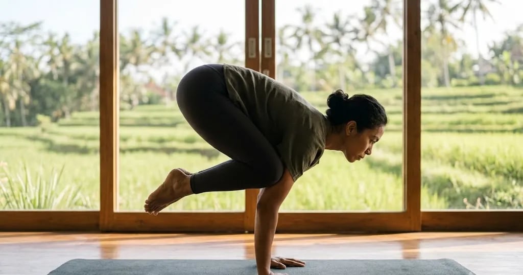 Practitioner balancing in crow pose in a sunlit studio