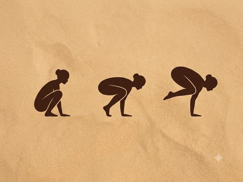Three silhouettes showing the progression into crow pose