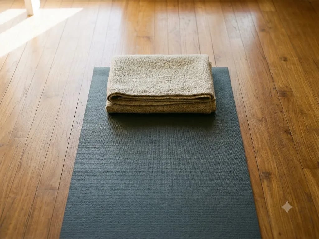 A folded blanket set in front of a mat as a cushion