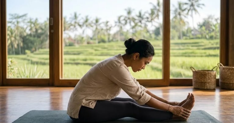 Side view of a seated forward fold with softly bent knees