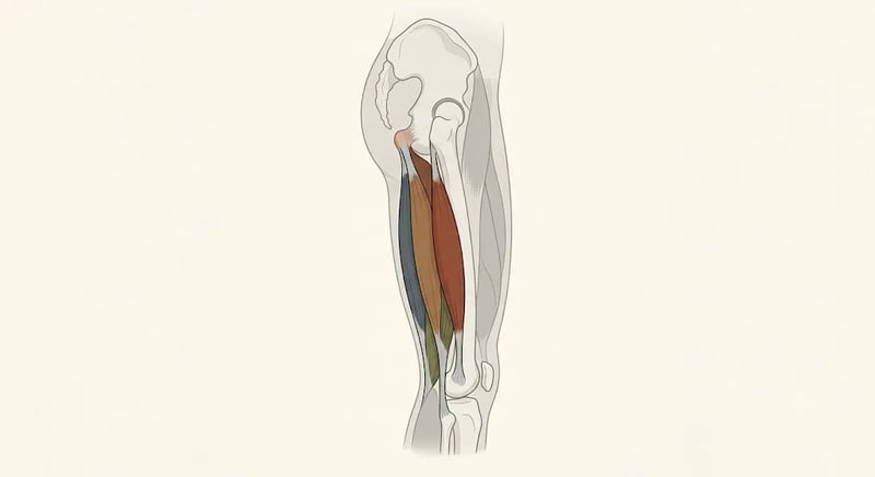 Anatomical illustration of the hamstring muscles along the thigh