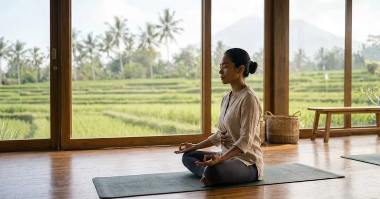 Person breathing quietly by a window with a hand on the belly