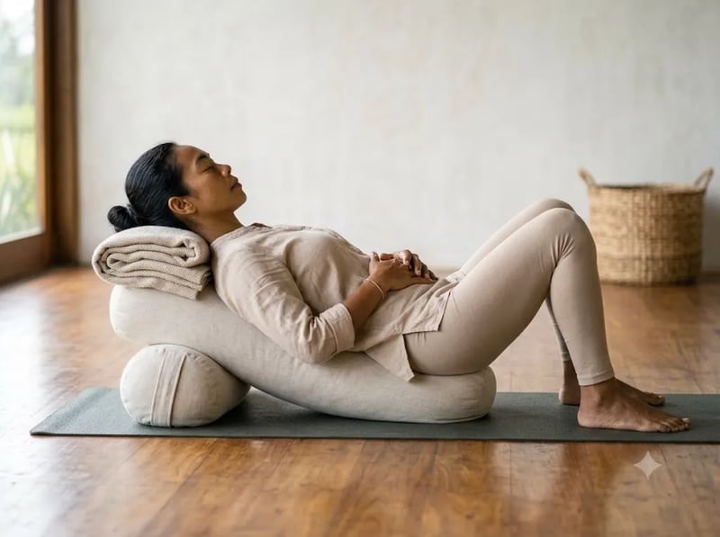 Supported reclined pose over a bolster in soft light