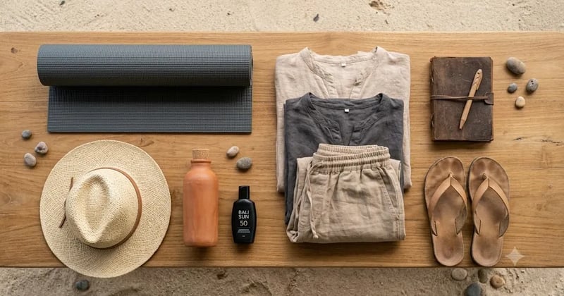 Flat-lay of retreat packing items: linen clothes, mat, hat and journal
