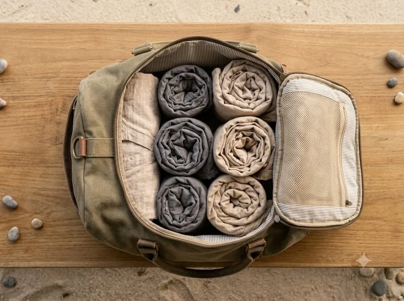 Rolled lightweight clothing packed into an open travel bag
