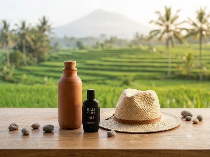 Water bottle, sunscreen and woven hat with blurred rice fields behind
