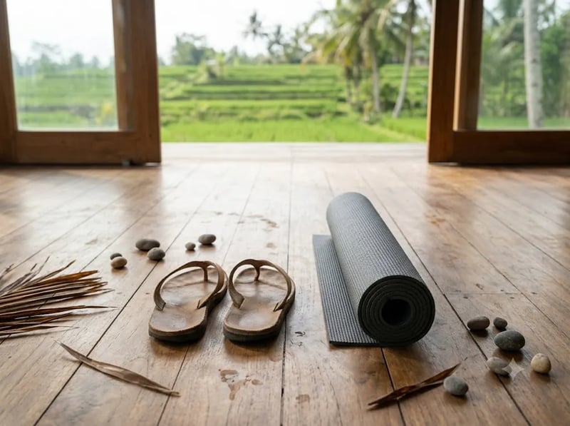 Sandals beside a rolled yoga mat on a wooden deck