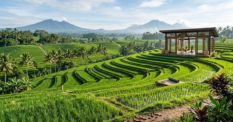 Green Bali rice terraces with a glass yoga studio among the fields