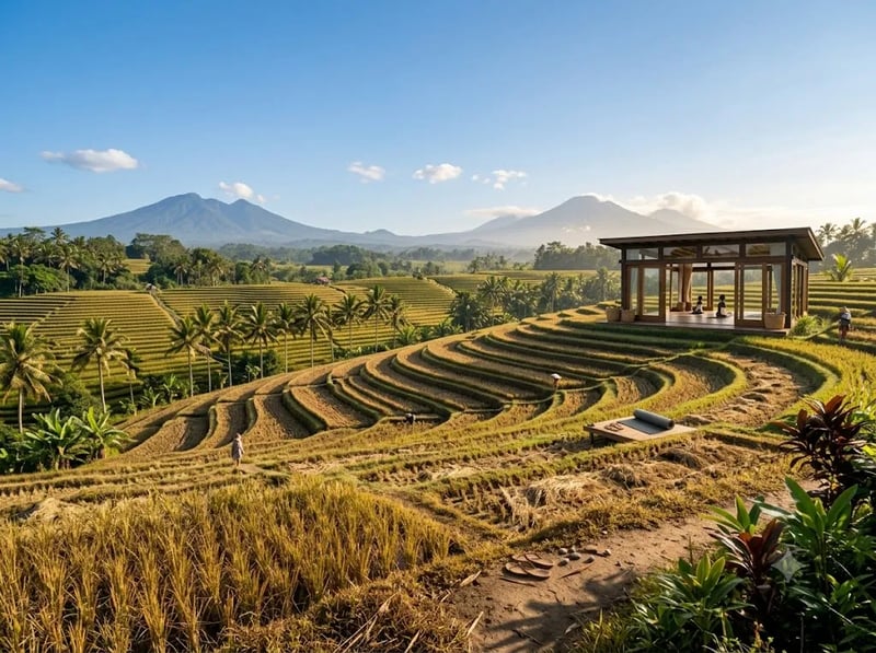 Sunny dry-season rice fields under a clear blue sky