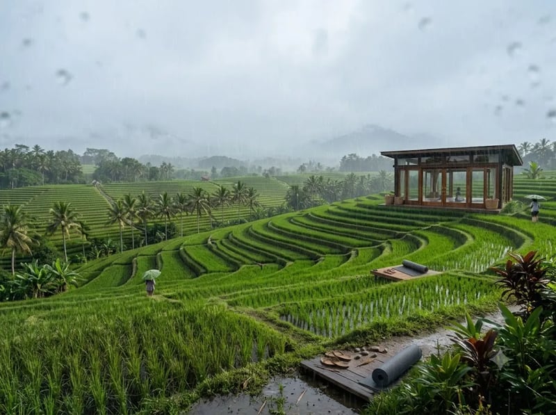 Soft rain over vivid green rice paddies in the wet season