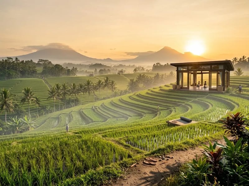 Misty golden sunrise over Bali rice fields