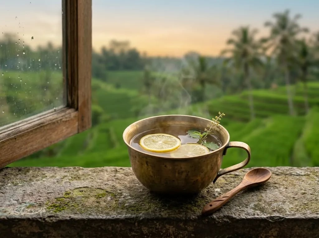 Brass cup of warm lemon water on a windowsill at dawn