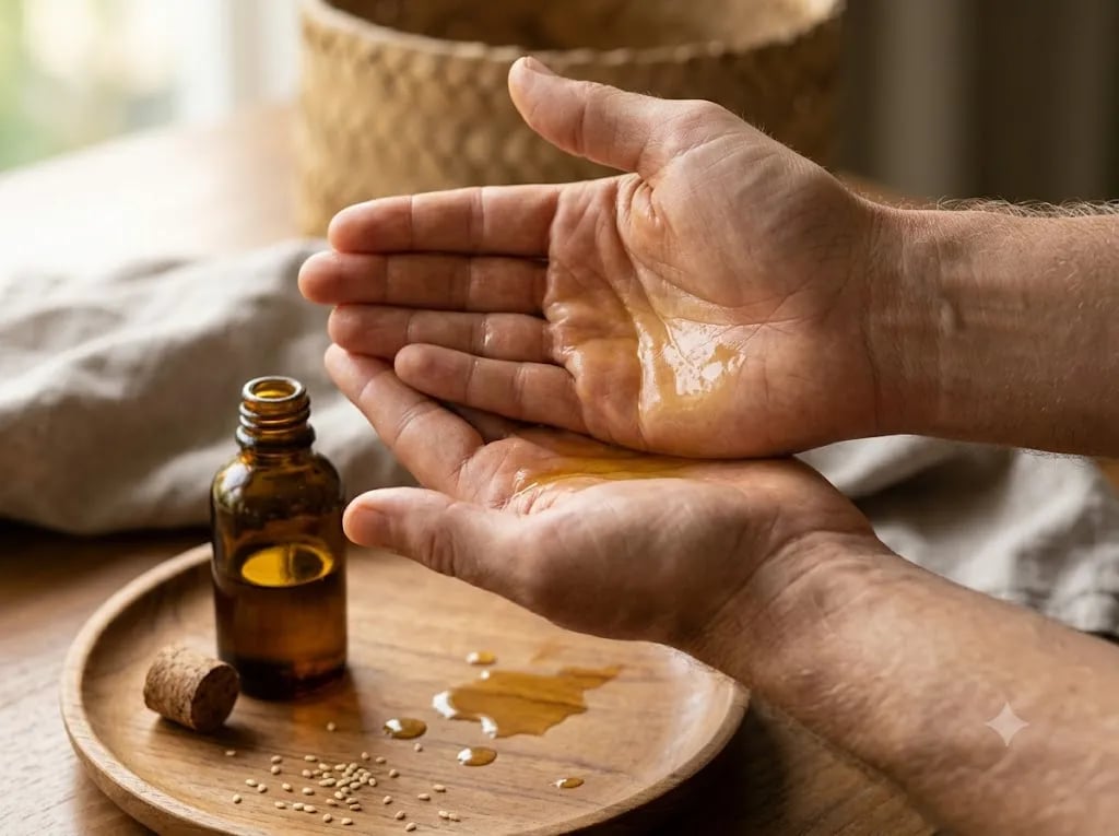 Hands warming oil between the palms for self-massage