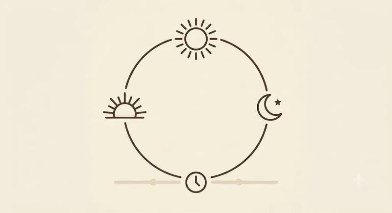 Circular sun-to-moon arc illustrating a daily rhythm