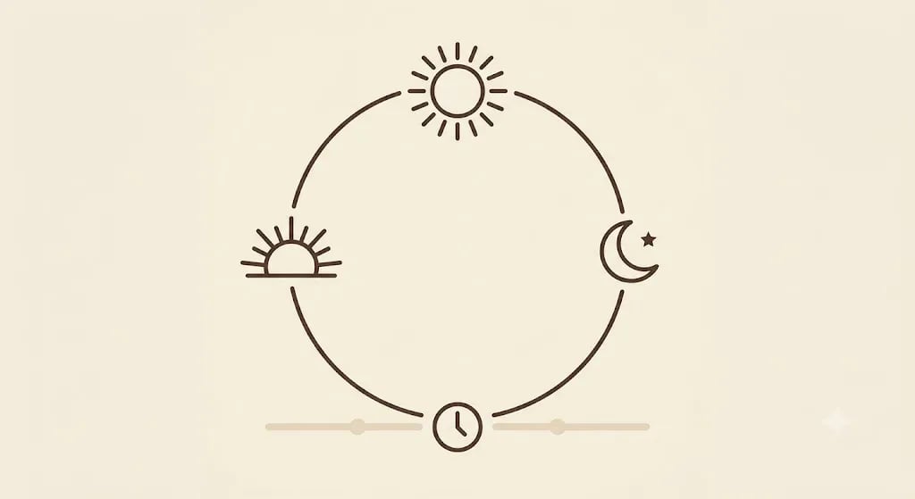 Circular sun-to-moon arc illustrating a daily rhythm