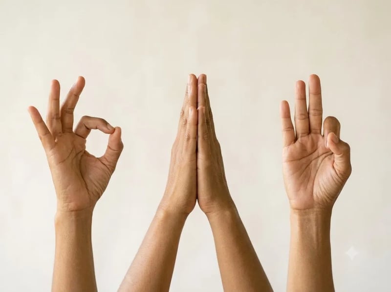 Three different hand mudras against a soft neutral background