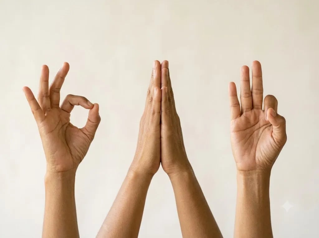 Three different hand mudras against a soft neutral background