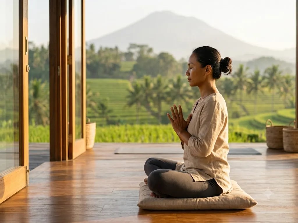 Meditator seated with hands in a heart-centred mudra