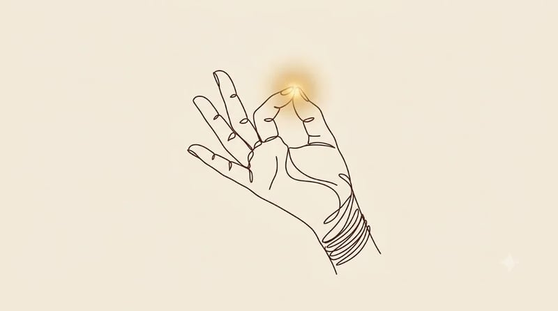 Line illustration of a hand in mudra with a glow at the fingertips