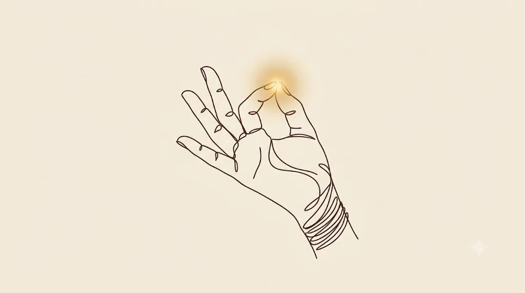 Line illustration of a hand in mudra with a glow at the fingertips
