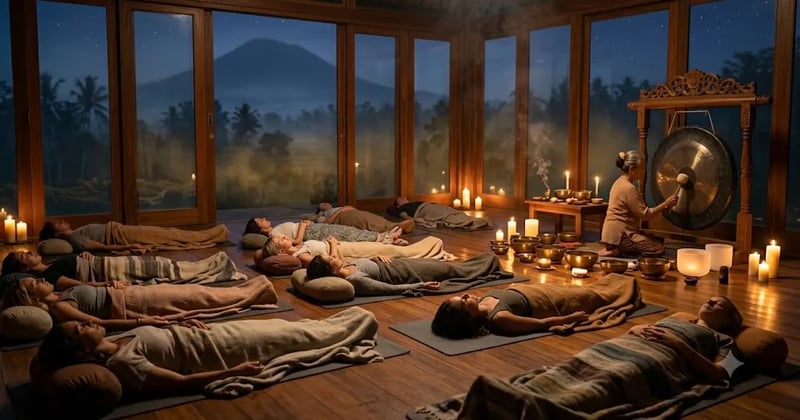 People lying under blankets during a gong and singing-bowl sound bath