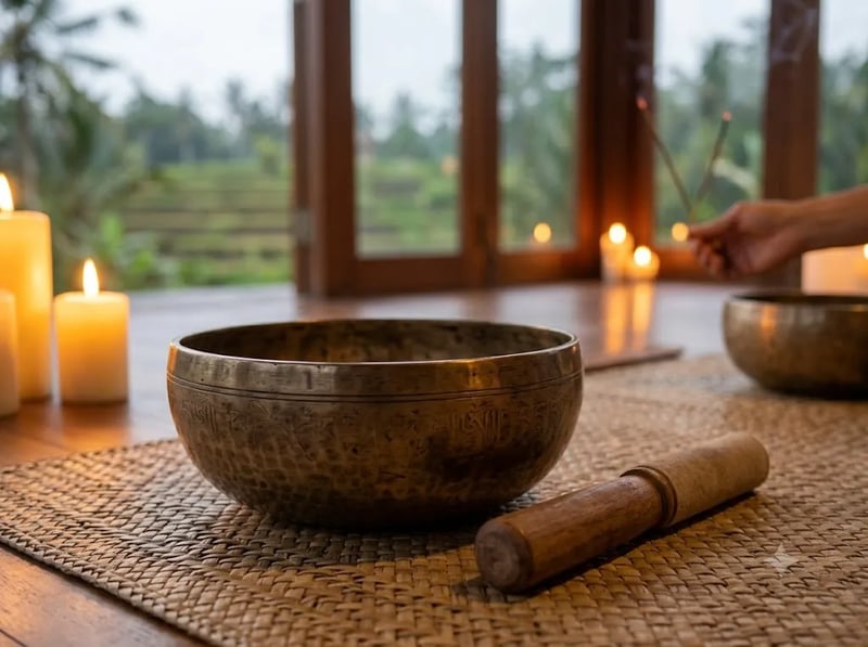 Bronze singing bowl and wooden mallet on a woven mat